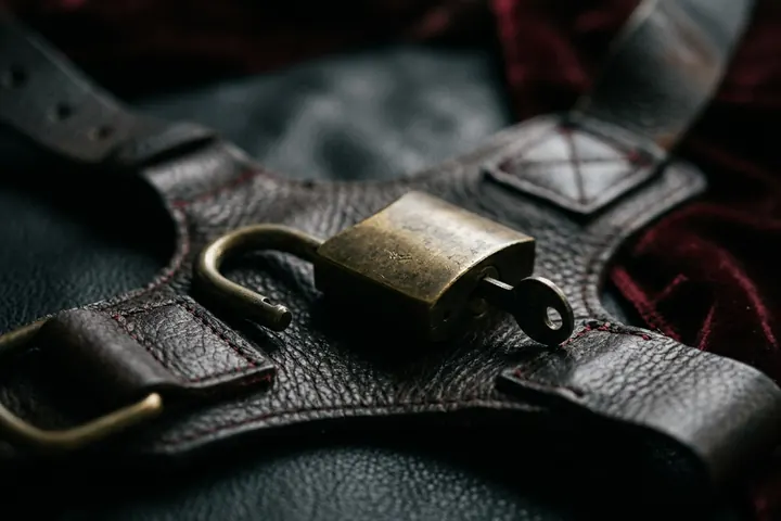 Cadenas en laiton posé sur du cuir sombre, éclairé par une lumière rasante