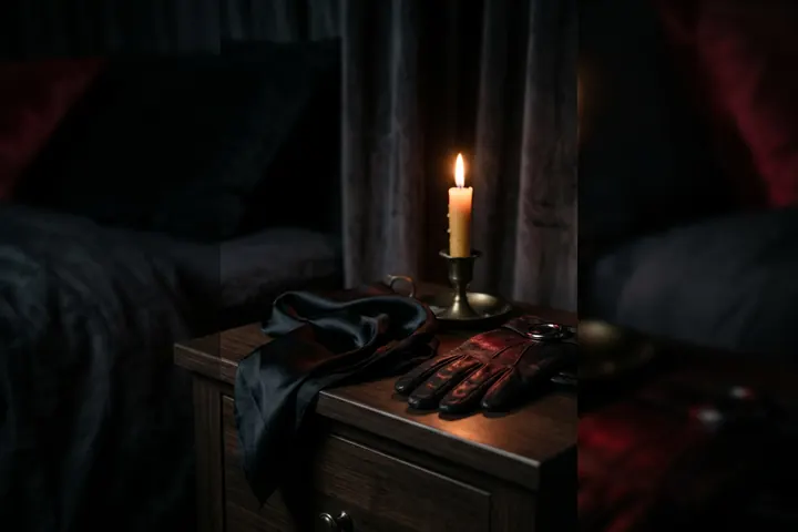 Foulard de soie noire et gant de cuir posés à la lueur d'une bougie, ambiance intime et feutrée