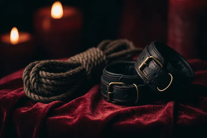 Bracelets de poignets en cuir souple et corde enroulée sur un velours sombre, à la lueur d'une bougie