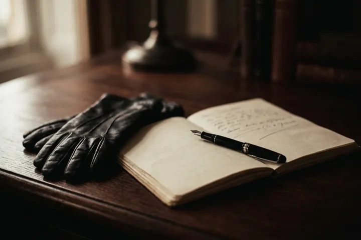 Carnet ouvert, stylo plume et gants de cuir noir posés sur un bureau en bois sombre, à la lumière douce