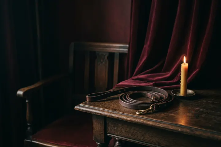 Pièce tamisée, bougie allumée, rideau de velours sombre et laisse en cuir enroulée sur une table en bois